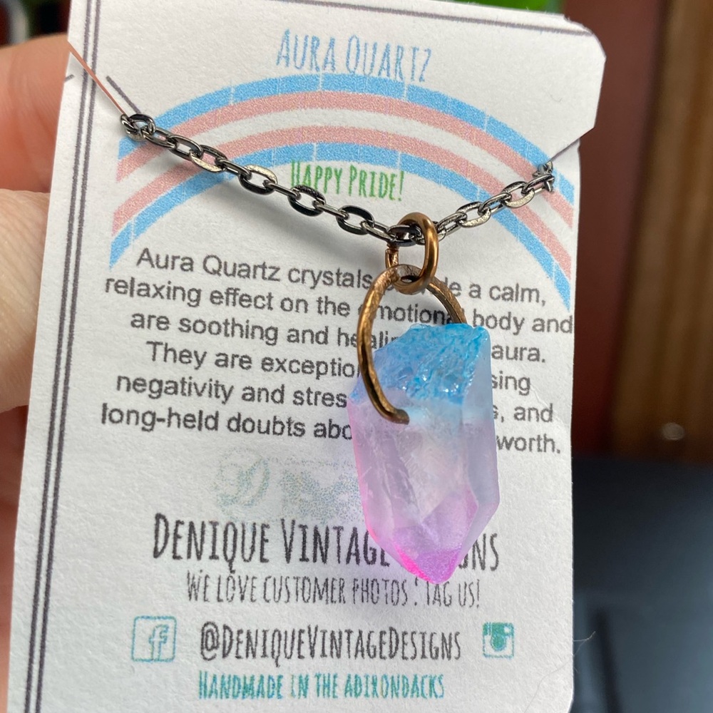 - Trans Pride Aura Quartz Stainless Steel hand hammered wire Pendant.